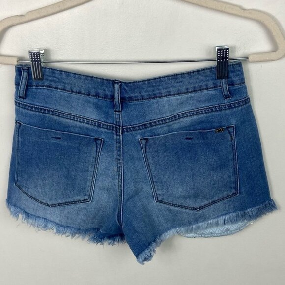 Tractr Blue Destructed Denim Shorts Gold Sequin Pockets Size 25 Bohemian Boho - Picture 8 of 11